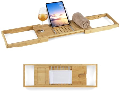 GOPLUS Bandeja para bañera de bambú, tablas de bañera extensibles con soporte para libros ajustable en 4 posiciones, soporte para bebidas y estante lateral, bandeja para bañera para un spa relajante