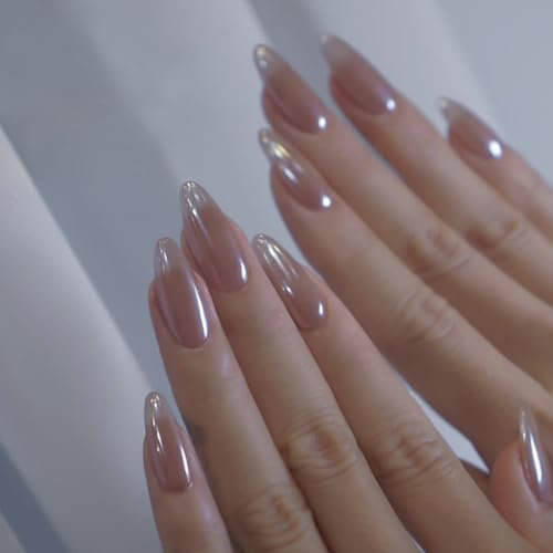 HaoTrade 24 Pcs French Tip False Nail, Medium Almond Fake Nails, Press on Nail Removable Glossy Nuke Pink False Nails, Acrylic Stick on Nail Tips for Women Girls Nails Art Decorations