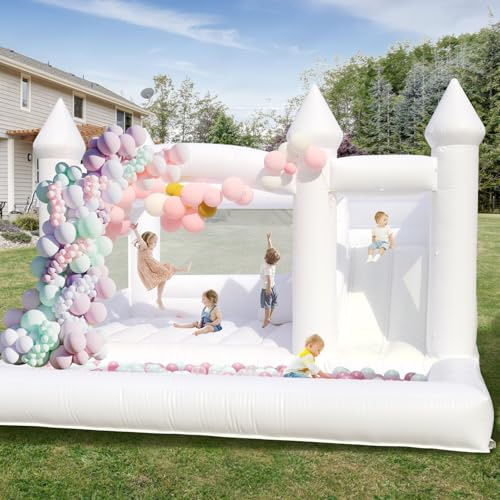 Castillo Hinchable Blanco con Soplador, Tobogán, Trampolín, Gran Piscina de Bolas, Castillo Hinchable Interior Exterior para Boda Fiesta Cumpleaños, 450x450x300cm