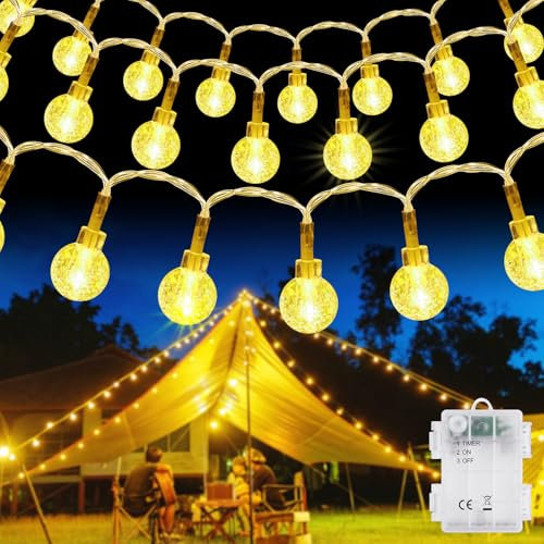 AUAUY Lichterkette Außen Batterie, 6M 40 LED Kristall Kugel Lichterkette mit 6h Timer, IP65 Wasserdicht Lichterkette für Weihnachten Schlafzimmer Hochzeit Balkon Geburtstag Innen Außen Deko-Warmweiß