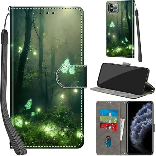 Haninsuze for iPhone 11 Pro Max 6.5-Inch Case PU Leather Wallet Book Flip Folio Stand View Magnetic Multi-Pattern Cover compatible with iPhone 11 Pro Max Phone Case (Forest Butterfly)