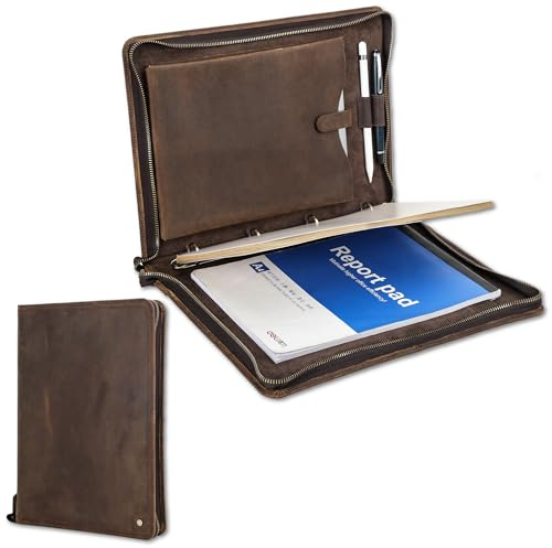 CataPurus Portfolio-Organizer aus genarbtem Leder mit 4 Ringen, Vintage-Design, multifunktional, professionelles Business-Portfolio mit Reißverschluss für A4-Dokumente/iPad/Stift, 27,9 cm, Kaffeebraun