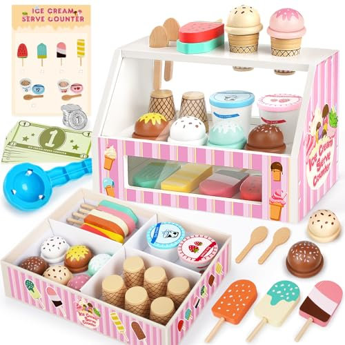 Dreamon Eisdiele Kinder Holz, Kaufladen Zubehör Montessori Spielzeug, EIS Holzspielzeug mit Spielgeld Münze, Eisladen Kinder Rollenspiele Geschenk 3 4 Jahre Mädchen Junge (Eisdiele Plus)