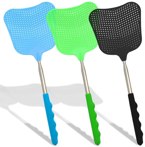 Bonsicoky Juego de 3 matamoscas de plástico resistente con mango de acero inoxidable para interiores y exteriores, azul, verde y negro