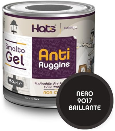 Hats - Vernice Antiruggine per ferro - Smalto Gel Antiruggine Pronto all’uso - Non Cola, Non Gocciola - Adatto per Metallo e Legno - Made in Italy (Nero 9017 Brillante)