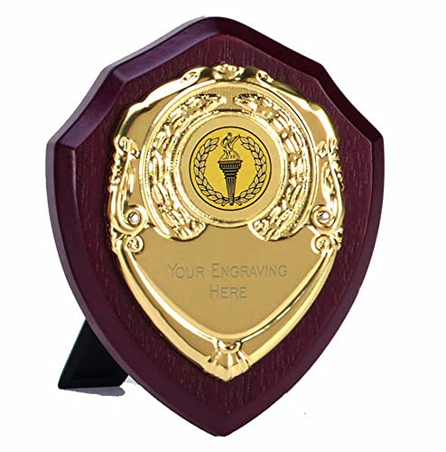 TROPHIESPLUSMEDALS Triumph Gold Presentation Shield, 10cm, Engraving | Self-standing wooden presentation shield with laurel motif and free engraving, ideal for achievement recognition and awards.