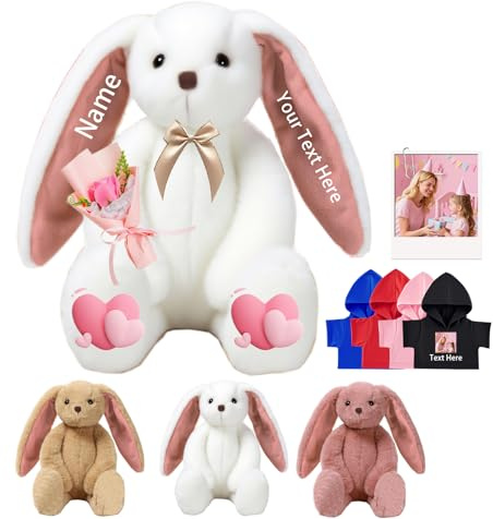 DRAJOIN Custom Bunny Plüschtier, Personalisierte Plüschhase Kaninchen mit Text Foto als Personalisierte Geschenke Plüsch Kaninchen für Erwachsene Kinder Erste Ostern Geschenk, 25cm