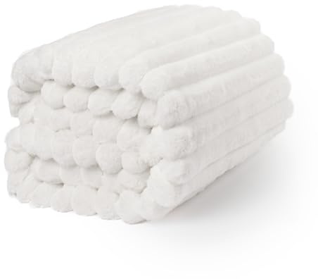 OHS Faux Fur Ribbed Fleece Blanket for Bed, Soft Cosy Warm Winter Thick Throw Blanket Over Sofa Couch Decorative Fluffy Bed Throw King Size Gifts for Women & Girls, White - 200 x 240cm