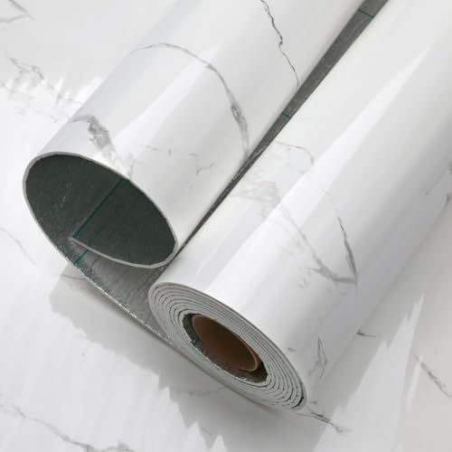 Anttyscar White Thicken Thermal Self Adhesive Wallpaper White Marble Peel and Stick Wallpaper Waterproof Vinyl Wall Panels for Living Room Bedroom Bathroom Kitchen Splashback 300cm x 40cm