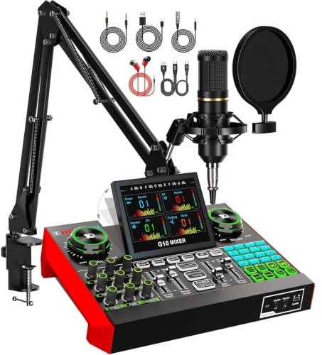 Podcast-Ausrüstungs-Set mit 3,5 mm BM800 Kondensatormikrofon für PC/Telefon, Live-Streaming, Singen, Gaming, Podcast-Mikrofon-Set mit Live-Soundboard, Audio-Mixer, Sprachwechsler, Denoise, DJ-Sets