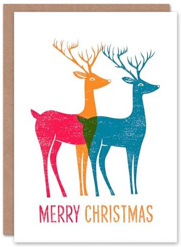 Artery8 Christmas Card Two Reindeer Simple Bright Colourful
