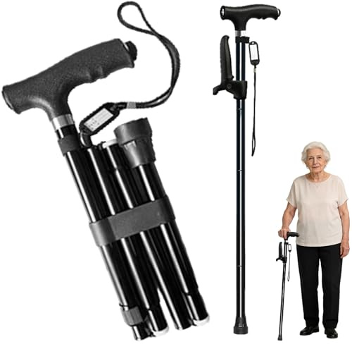 AURIVEE® Verstellbarer Faltbarer Gehstock mit LED-Licht, telescopischer Gehhilfe mit Doppelgriff für Senioren, klappbare Wanderstöcke (Schwarz)