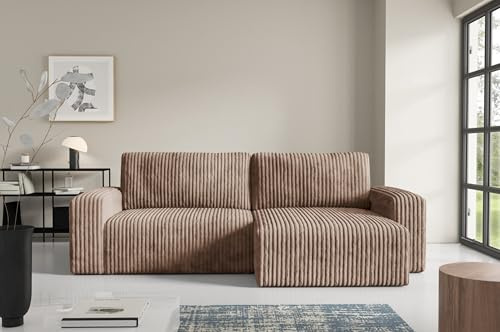 Furnisell FANO Cord Ecksofa mit Schlaffunktion und Bettkasten, Schlafsofa mit 204 x 132 cm Liegefläche (Braun)