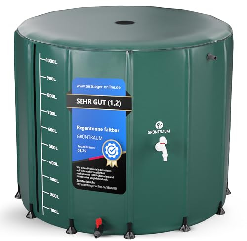 GRÜNTRAUM Regentonne faltbar 1000L XXL – Regenfass groß/Regenwassertonne/Wassertank faltbar – Wasserfass stabil – witterungsbeständig – mit Füllstandsanzeige & Air Wing System Garten (Grün, 1000L)