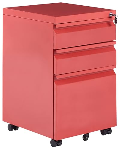 Aktenschrank Metall 3 Schubladen rot rollbar abschließbar Büroschrank Recami