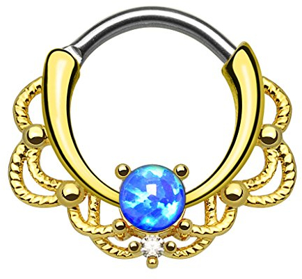 Piercingfaktor® Piercing Universal Clicker Schild Ring Septum Nasenpiercing Lippenpiercing Tragus Helix Ohr mit Opal Vergoldet Gold Blau