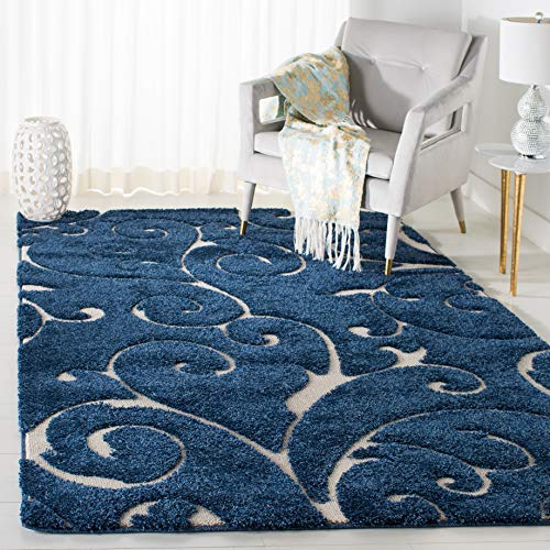 SAFAVIEH Florida Shag Collection Accent Rug - 3'3 x 5'3, Dark Blue & Cream, Scroll Design, Non-Shedding & Easy Care, High-Low Plush Pile, Ideal for Living Room, Bedroom, Dining Space (SG455-6511)