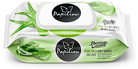 Papilion Aloe Vera Wet Wipes with Vitamin E & Aloe, Vegetable Fragrance with Cap [100 Sheets] (Single Pack)