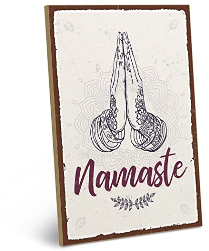 ARTFAVES® Wandbild Holzschild mit Spruch - NAMASTE - Türschild Retro Vintage Deko Bild Geschenk - Meditation, Spiritualität, Achtsamkeit