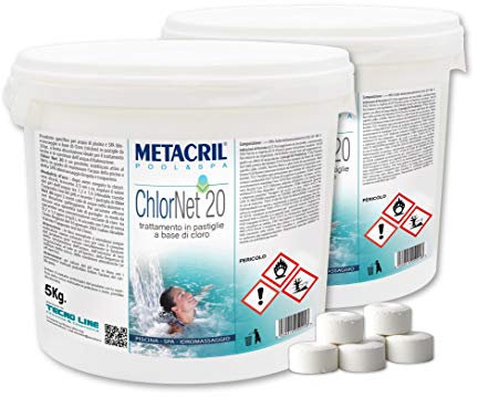 Metacril Chlor Net 20, pastilles de Chlore 20 g, à Dissolution Lente, idéales pour Les piscines et Les Bains à remous - 10 KG (5+5)