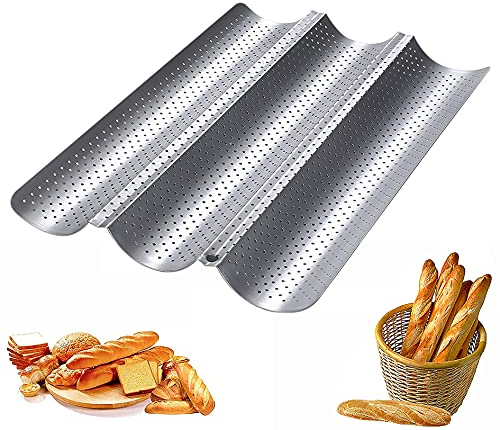 Baguette Baking Tray, French Bread Pan Carbon Steel, Non-Stick Coating Perforated French Stick Loaf Baking Cake Baguette Mould Pan for 3 Loaves Wave Baker (Rounded Edges)