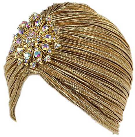 EORUBE Damen Turban Hut mit Kristall Brosche Exotisch Indischer Turban Hut 1920s Damen Fasching Kostüm Accessoires (Brosche Stil 1 - Gold)