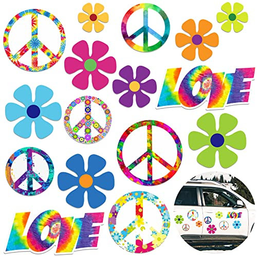 16 Stück Hippie-Blumen-Auto-Magnet-Dekorationen, 60er-Jahre-Motto-Party, magnetische Aufkleber, lustige Kühlschrankmagnete, Blume, Frieden, Autoaufkleber, Liebesschild, bunte Hippie-Aufkleber für Auto