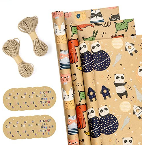 RUSPEPA Geschenkpapierrollen Mit Geschenkanhänger Und Juteschnur - 43cm X 3m Pro Rolle, Insgesamt 3 Rollen, Tier