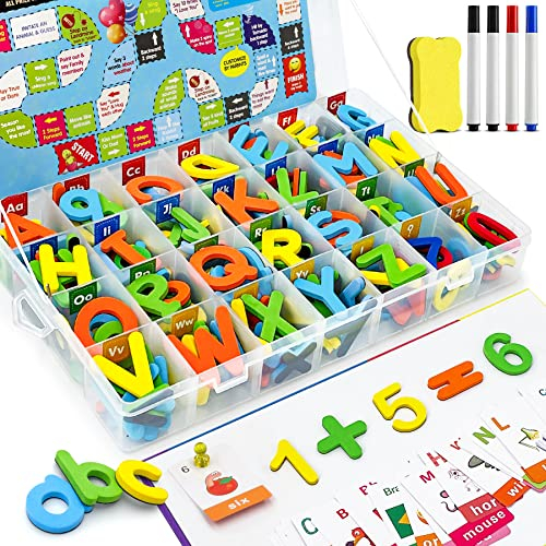 WenYa Colourful Magnetic Letters and Numbers with Board for Children, 240PCS Uppercase Lowercase Foam Magnetic Alphabet Letters and Numbers with Board and Early Learning Cards