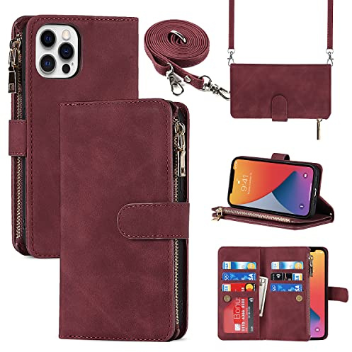 CAVOR Handykette Handyhülle kompatibel mit iPhone 12/12 Pro Hülle Mit Band,Flip Leder Geldbörse Hülle Mit Kette,[9 Kartenfach][Doppelte Schnalle],Umhängeband Handytasche Für iPhone 12/12 Pro - Rot