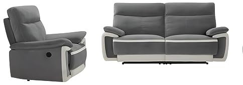 Vente-unique - Sofa 3 + 1 Sitzer, elektrisch, aus Samt Metti – Grau und Streifen Ecru