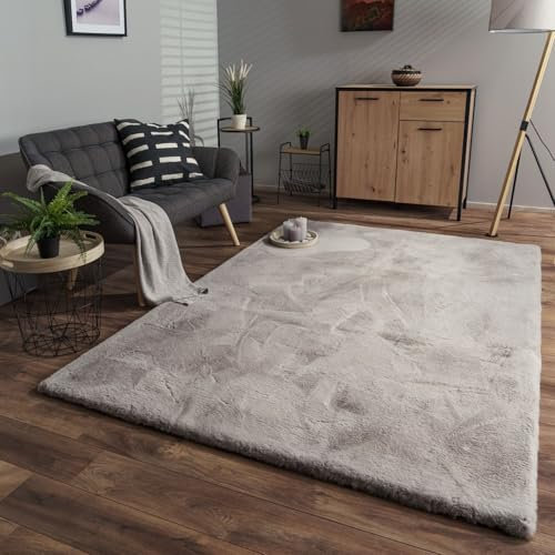 TT Home Wohnzimmer Hochflor Teppich Langflor Soft Kaninchenfell Fell Imitat Weich, Farbe: Grau, Größe:200x290 cm