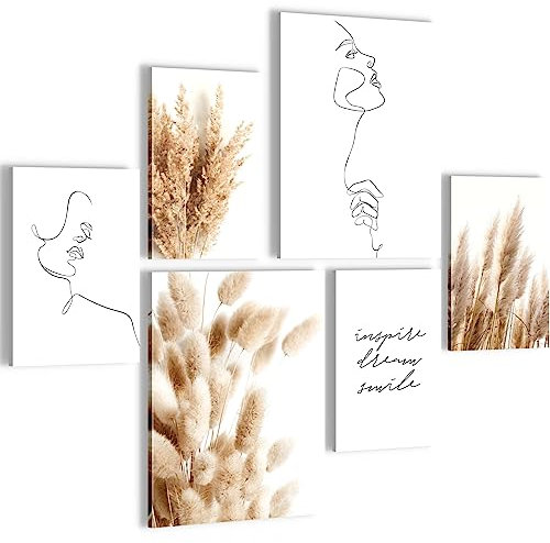 Novart Bilder Set - AUFHÄNGFERTIG - KEIN EXTRA RAHMEN BENÖTIGT - Boho Pampasgras Modern Line Art - Wohnzimmer Schlafzimmer N012463a, 90 x 80 cm