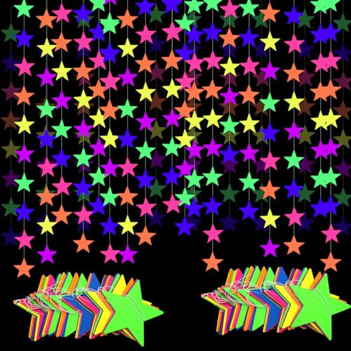 32,9 m UV-Neon-Papier-Sterngirlande, leuchtet im Dunkeln, Luftschlangen für Neon-Partyzubehör, UV-fluoreszierendes reaktives Papier-Sternbanner für Hochzeit, Geburtstag, leuchtet im Dunkeln,