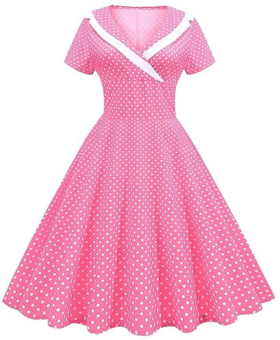 Robe Vintage Femme Rose Années 50 Pin Up Swing Élégante Rétro Rockabilly à Pois De Cocktail Sans Manche Fête Cérémonie