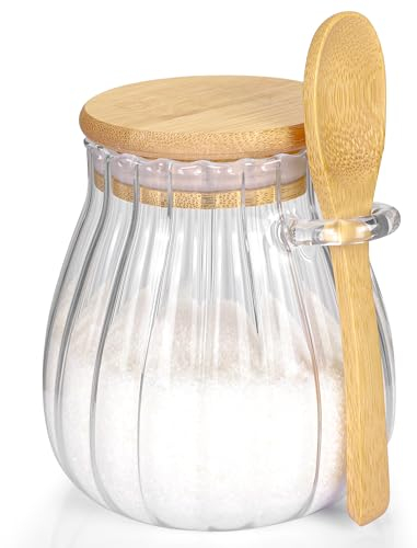 holoith Recipiente de azúcar con tapa de bambú y cuchara, tarro de vidrio de 12 onzas para accesorios de cafetería, recipiente de café, decoración de cocina, regalo de inauguración de la casa, diseño