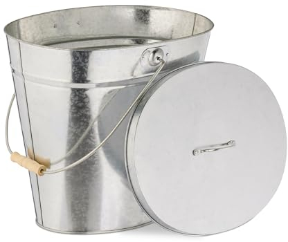 Relaxdays Seau avec Couvercle, 12 L, poignée en Bois, pour Charbon & Cendres, cheminée, poêle, Acier galvanisé, argenté