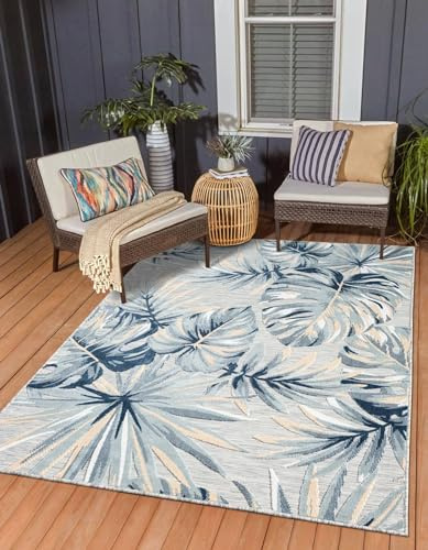 MY-RUG Outdoorteppich 200 x 300 cm Waschbar - Wetterfest Camping Teppich | UV-beständiger 3D Kurzflor Balkonteppich für Terrasse & Vorzelt - Robustes Palmen Design Blau Beige - Flachgewebe