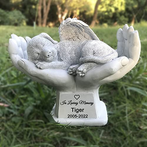 WouND Personalisierte Gedenkfigur für Hundeengel mit Gottes Händen, Grabstein, Grabstein, Gedenkstein, Gartensteine, personalisierbarer Name und Datum