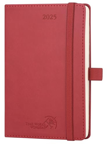POPRUN Taschenkalender 2025 Klein Softcover mit PU-Leder, ca. A6 (16 x 10,5 cm) - Kalender 2025 Klein (Jan.2025-Dez.2025) - Terminplaner 1 Woche 2 Seite mit Stiftschlaufe - Burgunderrot