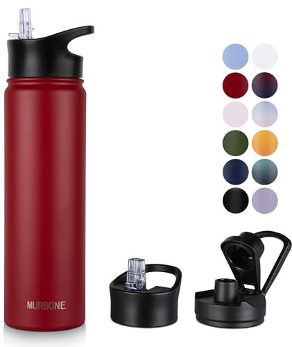 MURBONE Edelstahl Trinkflasche 750ml (+2 Deckel)-mit Strohhalm,BPA frei,Thermosflasche Auslaufsicher,Kohlensäure Geeignet,Thermoskanne Vakuum Doppelwandisolierung für Sport, Reisen, Camping