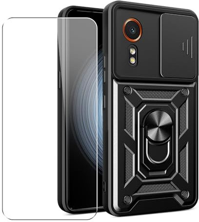 SDTEK Coque pour Samsung Galaxy Xcover 7 Housse Téléphone D'objectif D'appareil Photo, Support, Bague Magnétique Protecteur écran Verre (Noir)