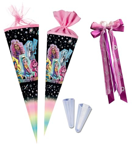Nestler Schultüten-Set zum Befüllen, Handgemachte Zuckertüte aus Karton - Lizenzmotiv Monster High - Best Boos Forever, Schultüte, Spitzenschutz, Schleife (70 cm rund)