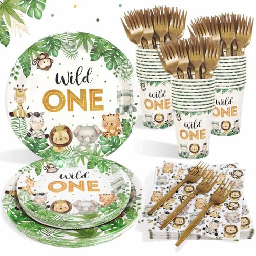 Heboland Vaisselle Jungle Anniversaire 1 an, Decoration Anniversaire Jungle 1 ans garcon Assiettes Serviettes Gobelets 25 Invités, Kit Vaisselle Wild One pour Deco Anniversaire Jungle 1 an