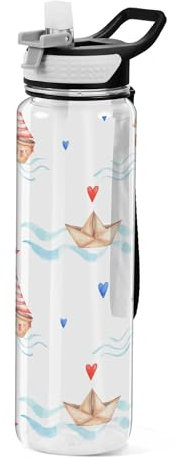 Sevdomey Cartoon Boats Water Bottle with Straw Lid Clear Leakproof Gym Water Bottles for Outdoor Sport Drinking Fitness Workout Travel, 32 oz