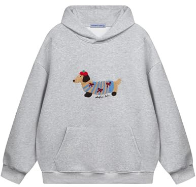 Aelfric Eden Cartoon Dog Hoodie Herren Oversized Kapuzenpullover Langarm Sweatshirt Y2K Hoody mit Kapuze Basic Vintage Hooded mit Muster Unisex Sport Oberteile Streetwear Grau, M