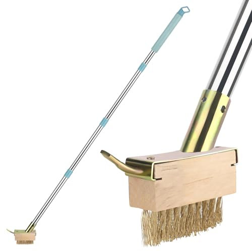 XTDMJ 50 Long Handle Weed Brush, 2-in-1 Wire & Metal Spike Scraper, Stainless Steel & Wood, Ideal for Block Paving, Patio, Kerb Stones & More