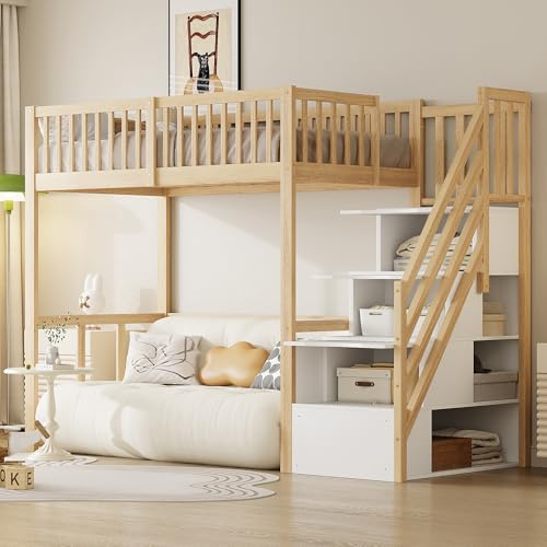 Zravenna Hochbett 90x200 mit Sicherheits-Aufbewahrungsleiter, Kinderbett Etagenbett mit Stauraumtreppe, Jugendbett Schrankbett, Bettgestell aus massivem Kiefernholz, Natur