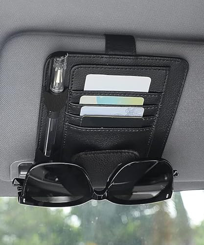 Flaconi Car Visor Storage,Car Sun Visor Organizer,Multi-Function PU Leather Card Glasses Holder Clip with Storage Pocket,Universal Auto Interior Accessories,Suitable for Most Cars,Trucks,SUVs(Black)