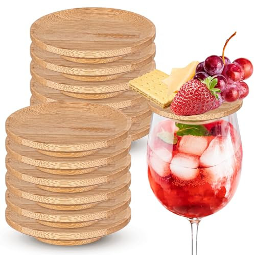 Mumufy 12 Pcs Wine Glass Charcuterie Topper Bamboo Round Wine Glass Charcuterie Board Topper Dual Use Wine Glass Topper Appetizer Plates for Family Gatherings Bars Restaurants (4'')